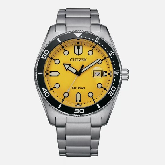 NEW Citizen Mens Yellow Face 43mm Silver Watch